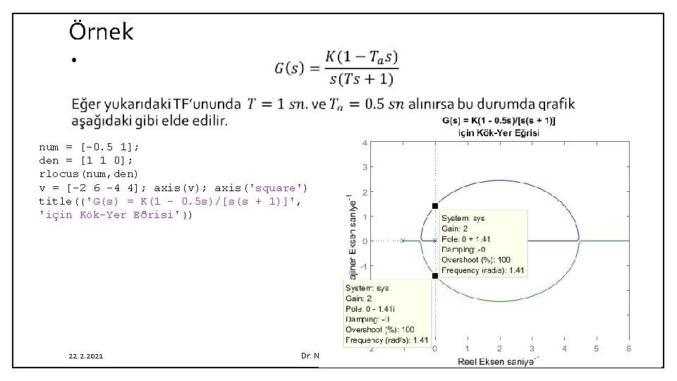 Örnek • num = [-0. 5 1]; den = [1 1 0]; rlocus(num, den)