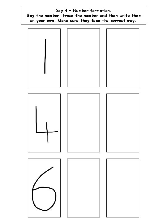 Day 4 – Number formation. Say the number, trace the number and then write