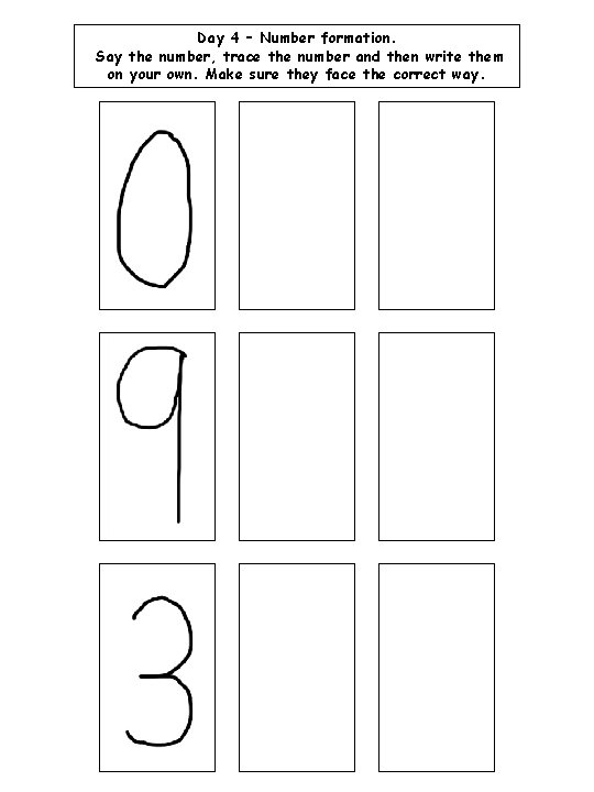 Day 4 – Number formation. Say the number, trace the number and then write