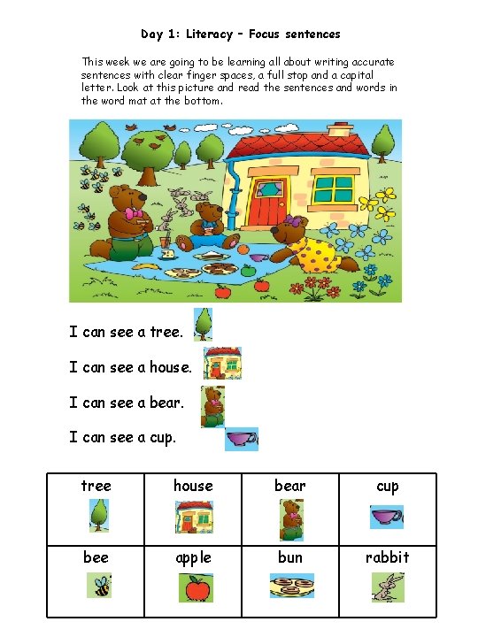 Day 1: Literacy – Focus sentences This week we are going to be learning