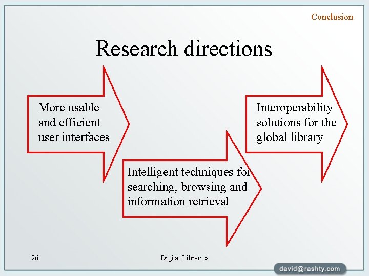 Conclusion Research directions More usable and efficient user interfaces Interoperability solutions for the global