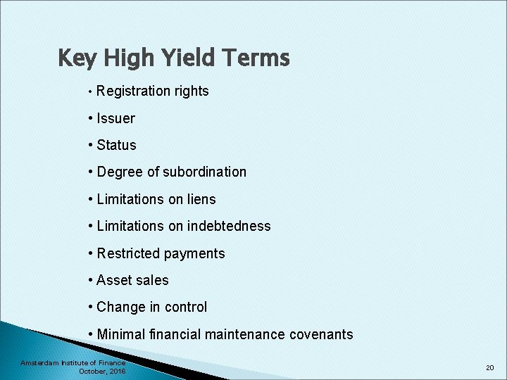 Key High Yield Terms • Registration rights • Issuer • Status • Degree of