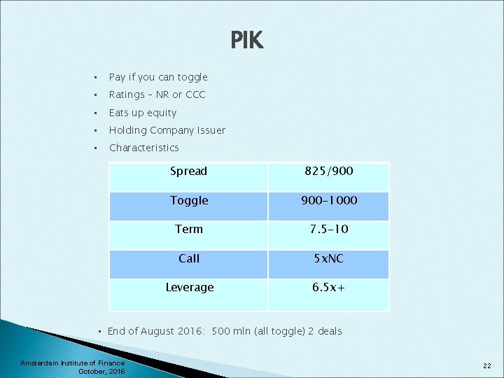 PIK • Pay if you can toggle • Ratings – NR or CCC •