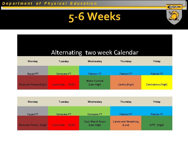 Department of Physical Education 5 -6 Weeks Alternating two week Calendar Monday Tuesday Wednesday