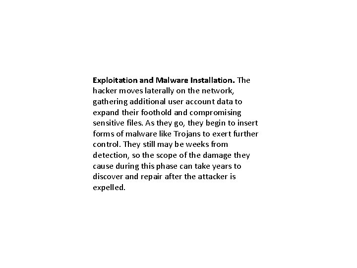 Exploitation and Malware Installation. The hacker moves laterally on the network, gathering additional user