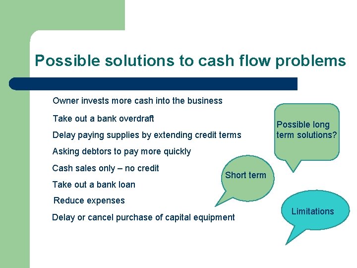 Possible solutions to cash flow problems Owner invests more cash into the business Take