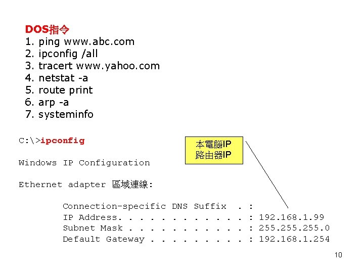 DOS指令 1. ping www. abc. com 2. ipconfig /all 3. tracert www. yahoo. com