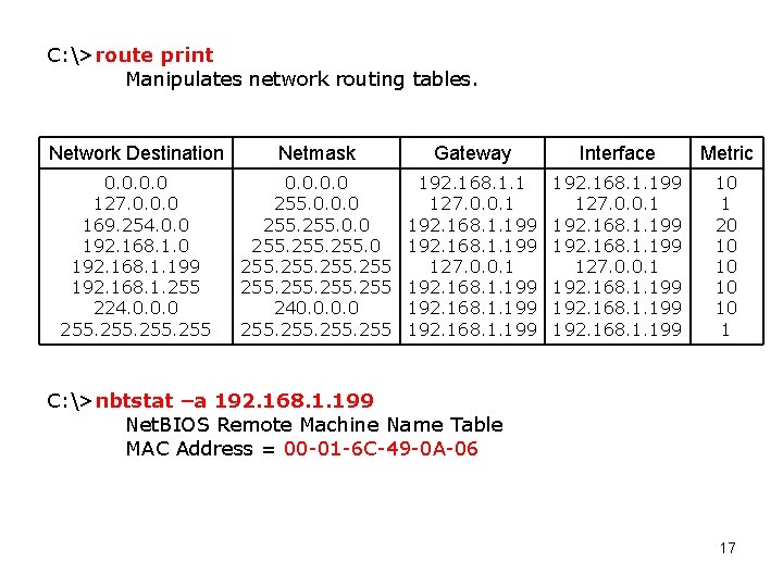 C: >route print Manipulates network routing tables. Network Destination Netmask Gateway Interface Metric 0.