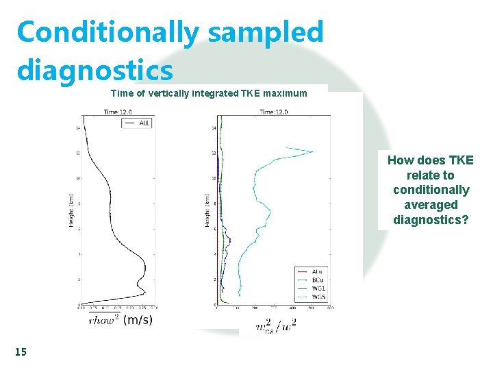 Conditionally sampled diagnostics Time of vertically integrated TKE maximum How does TKE relate to