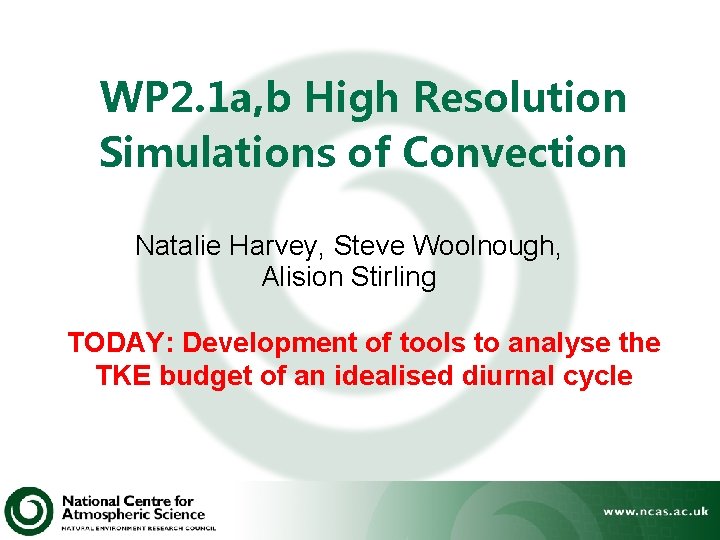 WP 2. 1 a, b High Resolution Simulations of Convection Natalie Harvey, Steve Woolnough,