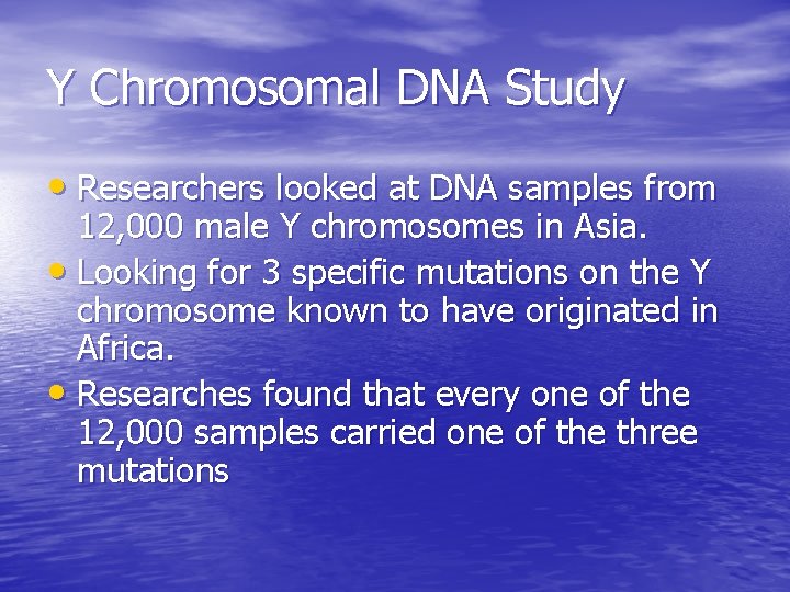 Y Chromosomal DNA Study • Researchers looked at DNA samples from 12, 000 male Y Chromosomal DNA Study • Researchers looked at DNA samples from 12, 000 male