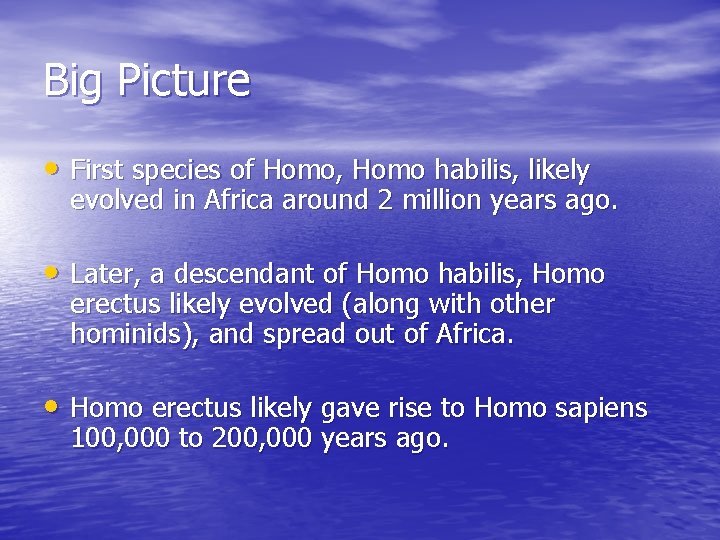 Big Picture • First species of Homo, Homo habilis, likely evolved in Africa around Big Picture • First species of Homo, Homo habilis, likely evolved in Africa around
