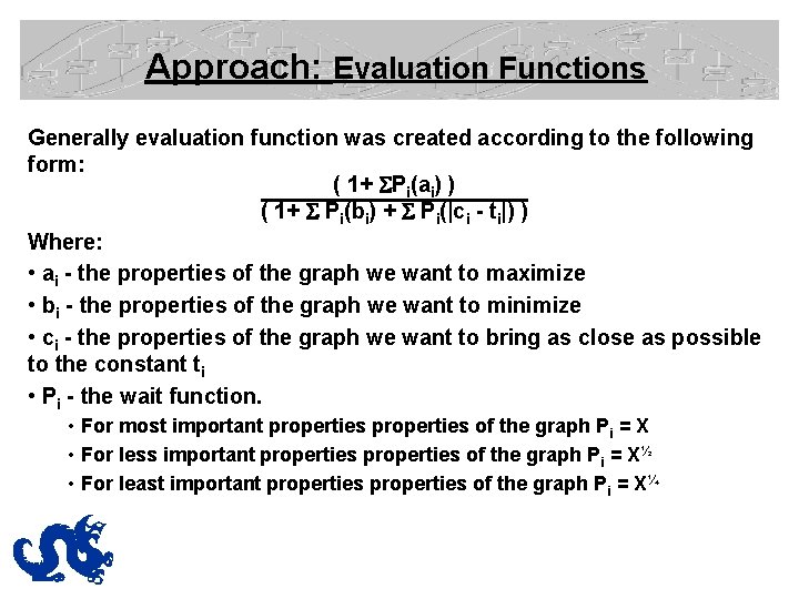 Approach: Evaluation Functions Generally evaluation function was created according to the following form: (