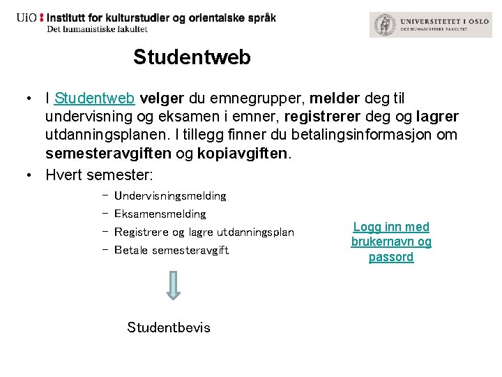 Studentweb • I Studentweb velger du emnegrupper, melder deg til undervisning og eksamen i