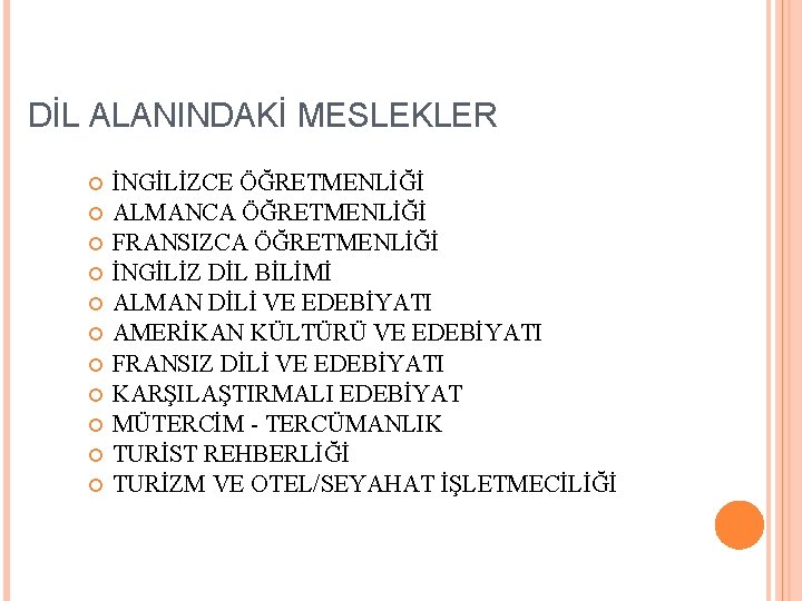 DİL ALANINDAKİ MESLEKLER İNGİLİZCE ÖĞRETMENLİĞİ ALMANCA ÖĞRETMENLİĞİ FRANSIZCA ÖĞRETMENLİĞİ İNGİLİZ DİL BİLİMİ ALMAN DİLİ