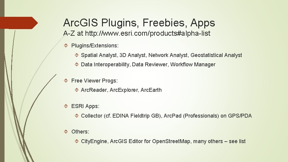 Arc. GIS Plugins, Freebies, Apps A-Z at http: //www. esri. com/products#alpha-list Plugins/Extensions: Spatial Analyst,