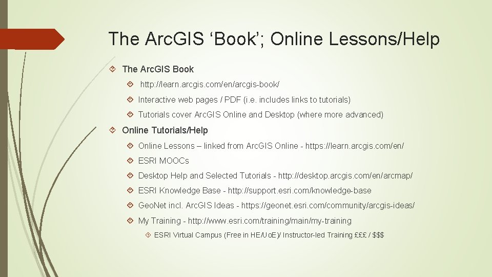 The Arc. GIS ‘Book’; Online Lessons/Help The Arc. GIS Book http: //learn. arcgis. com/en/arcgis-book/