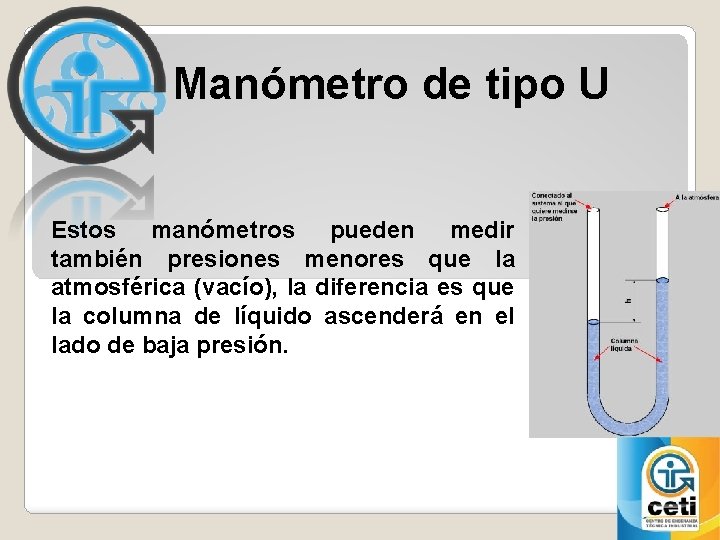 Manómetro de tipo U Estos manómetros pueden medir también presiones menores que la atmosférica