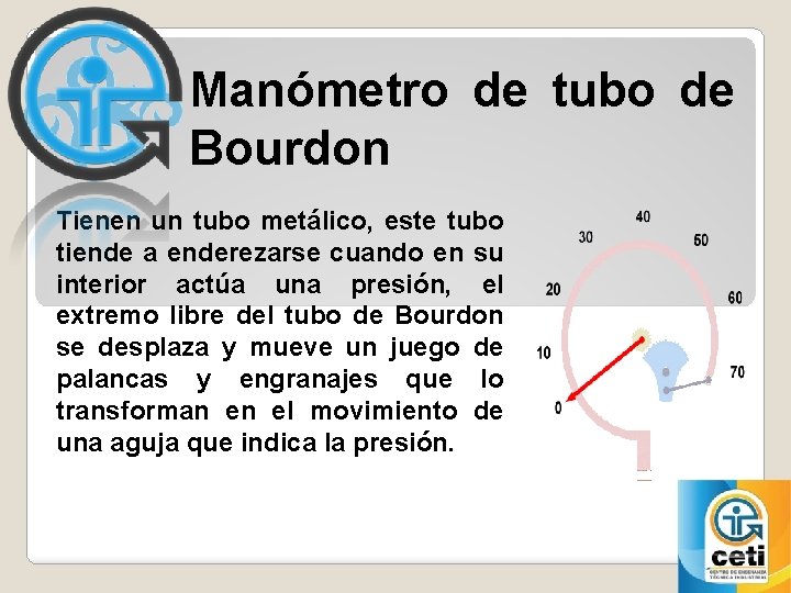 Manómetro de tubo de Bourdon Tienen un tubo metálico, este tubo tiende a enderezarse