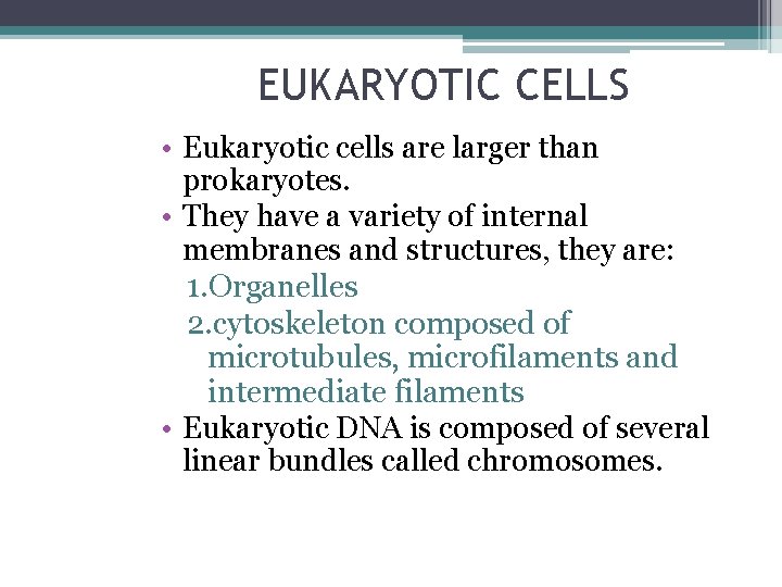 EUKARYOTIC CELLS • Eukaryotic cells are larger than prokaryotes. • They have a variety