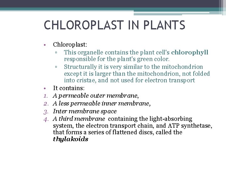 CHLOROPLAST IN PLANTS • • 1. 2. 3. 4. Chloroplast: ▫ This organelle contains