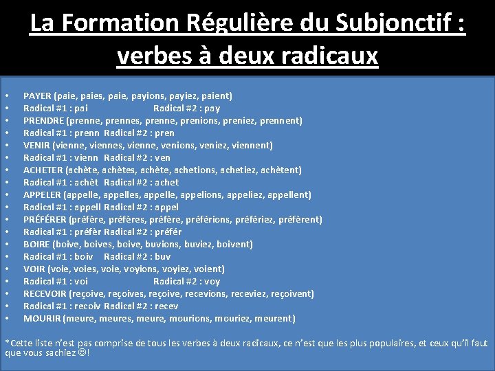 La Formation Régulière du Subjonctif : verbes à deux radicaux • • • • La Formation Régulière du Subjonctif : verbes à deux radicaux • • • •
