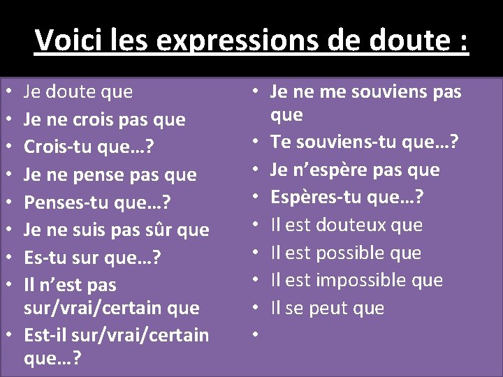 Voici les expressions de doute : Je doute que Je ne crois pas Voici les expressions de doute : Je doute que Je ne crois pas