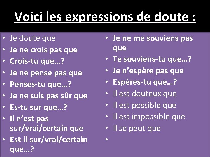  Voici les expressions de doute : Je doute que Je ne crois pas