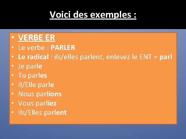 Voici des exemples : • VERBE ER • • Le verbe : PARLER Le