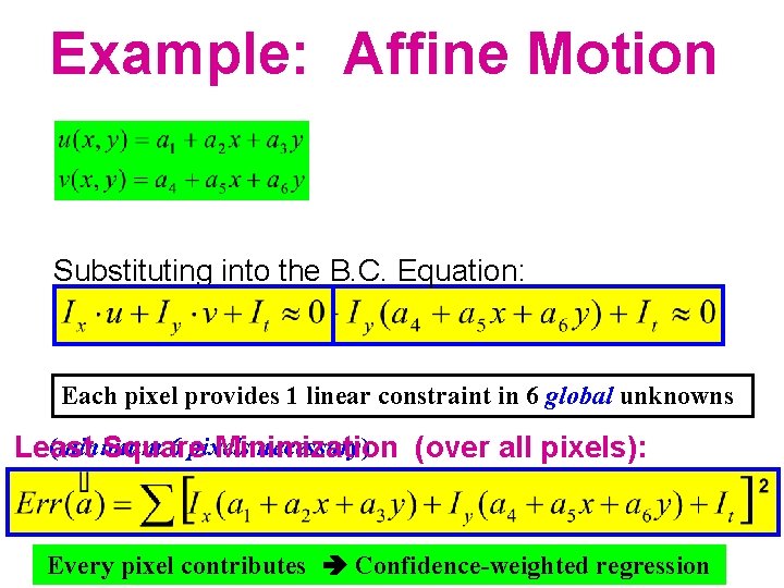 Example: Affine Motion Substituting into the B. C. Equation: Each pixel provides 1 linear