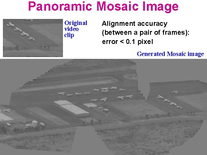 Panoramic Mosaic Image Original video clip Alignment accuracy (between a pair of frames): error