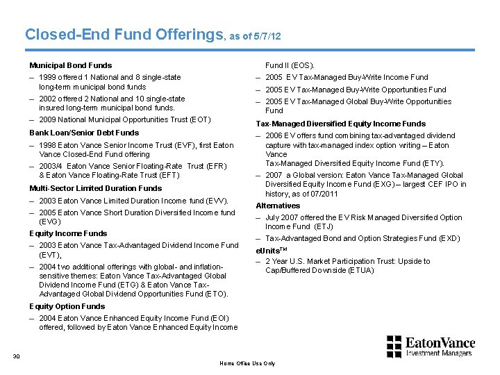 Closed-End Fund Offerings, as of 5/7/12 Municipal Bond Funds Fund II (EOS). – 1999