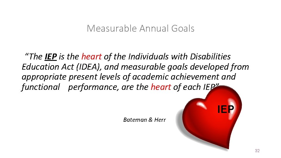 Measurable Annual Goals “The IEP is the heart of the Individuals with Disabilities Education