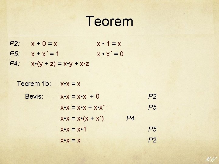 Teorem P 2: x+0=x x • 1=x P 5: P 4: x + x´