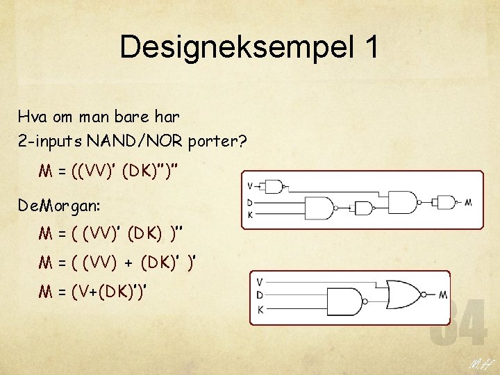 Designeksempel 1 Hva om man bare har 2 -inputs NAND/NOR porter? M = ((VV)’