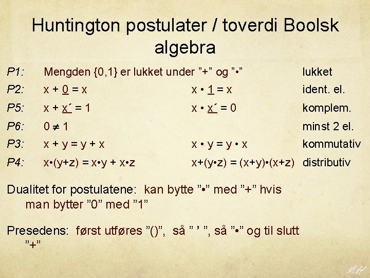 Huntington postulater / toverdi Boolsk algebra P 1: Mengden {0, 1} er lukket under