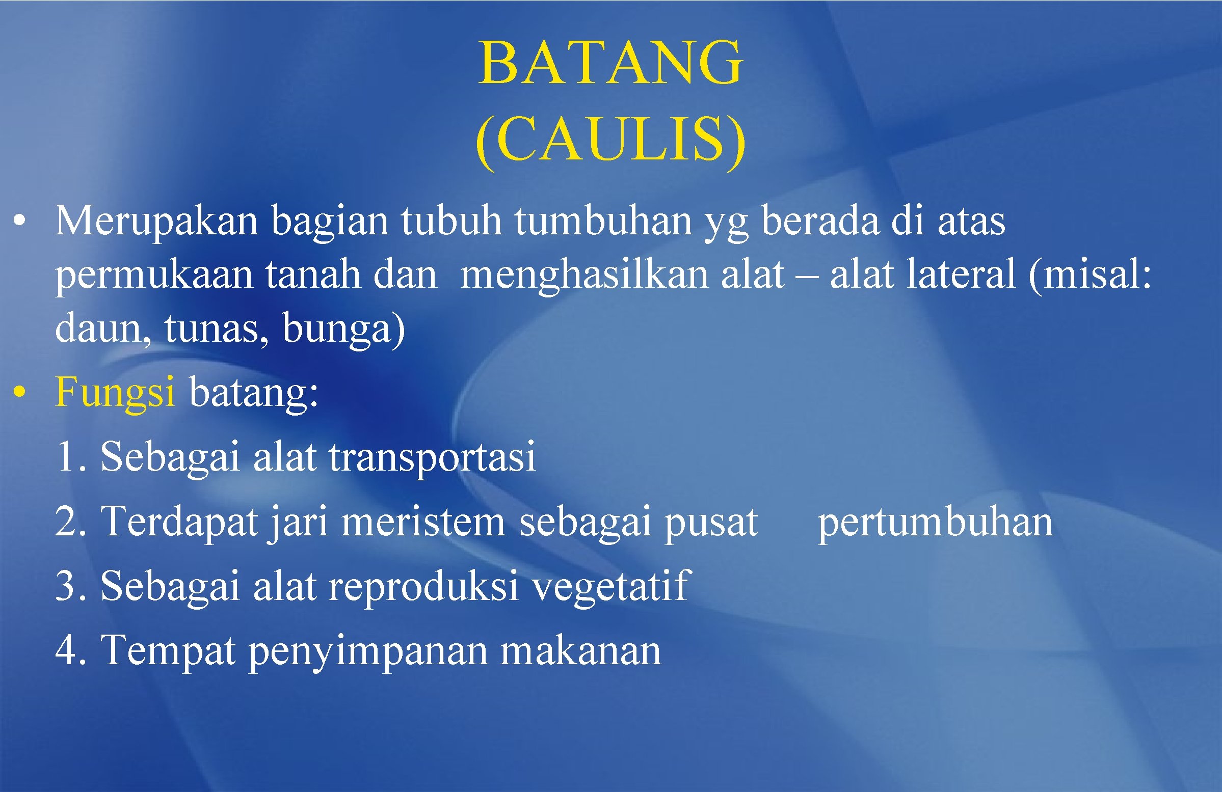 BATANG (CAULIS) • Merupakan bagian tubuh tumbuhan yg berada di atas permukaan tanah dan