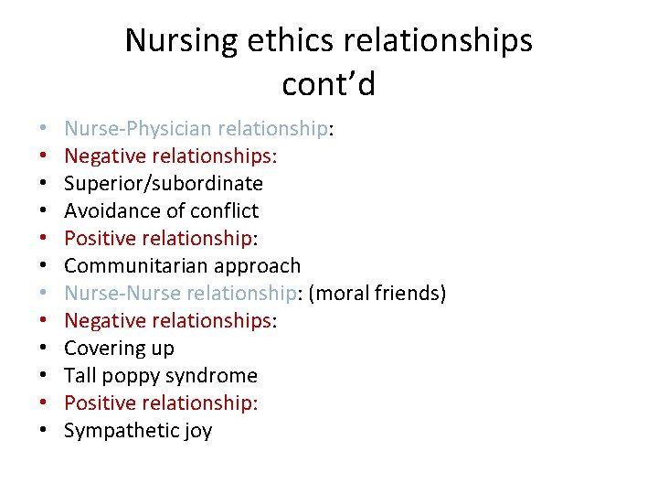 Nursing ethics relationships cont’d • • • Nurse-Physician relationship: Negative relationships: Superior/subordinate Avoidance of