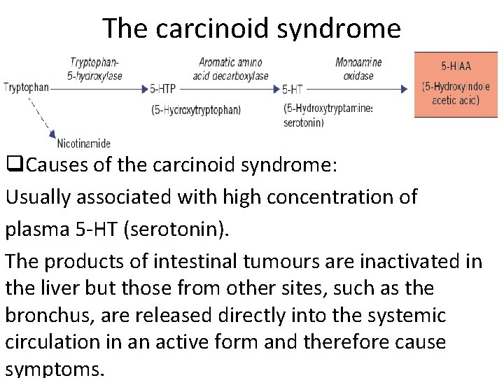 The carcinoid syndrome q. Causes of the carcinoid syndrome: Usually associated with high concentration