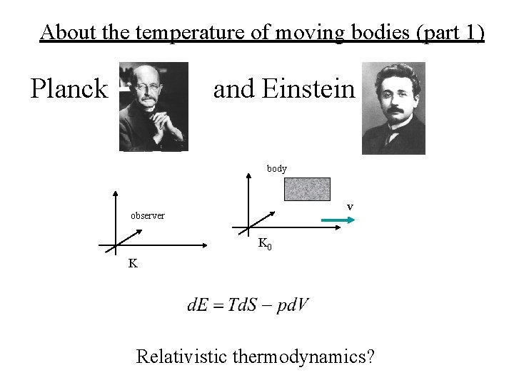 About the temperature of moving bodies (part 1) Planck and Einstein body v observer