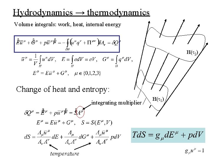 Hydrodynamics → thermodynamics Volume integrals: work, heat, internal energy H( 2) Change of heat