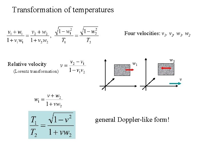 Transformation of temperatures Four velocities: v 1, v 2, w 1, w 2 Relative