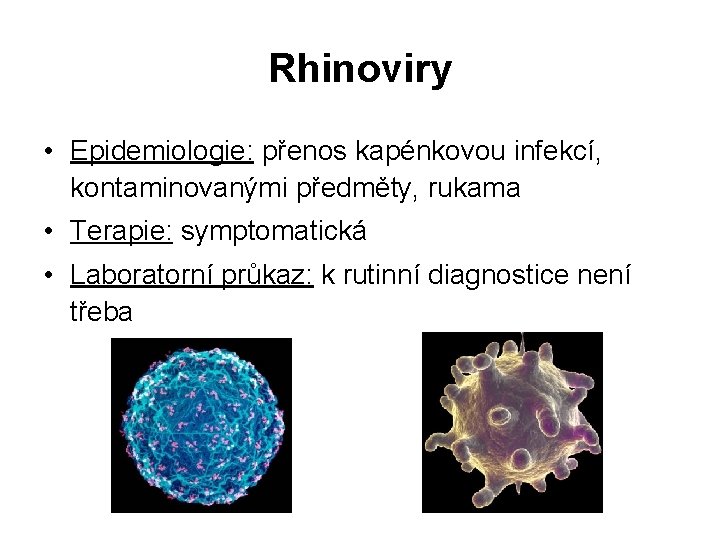 Rhinoviry • Epidemiologie: přenos kapénkovou infekcí, kontaminovanými předměty, rukama • Terapie: symptomatická • Laboratorní