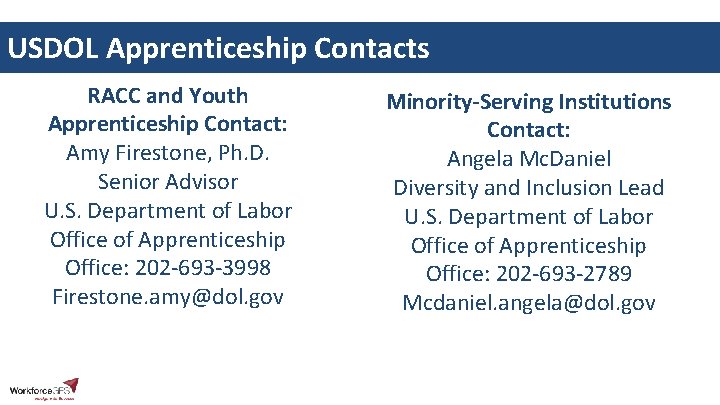 USDOL Apprenticeship Contacts RACC and Youth Apprenticeship Contact: Amy Firestone, Ph. D. Senior Advisor