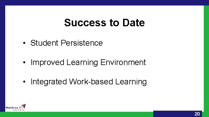 Success to Date • Student Persistence • Improved Learning Environment • Integrated Work-based Learning
