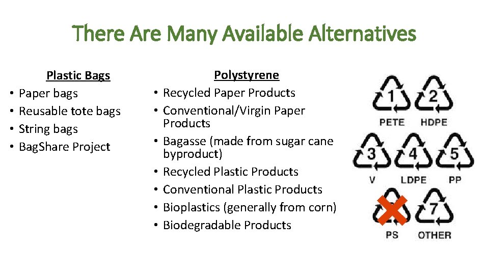 There Are Many Available Alternatives • • Plastic Bags Paper bags Reusable tote bags