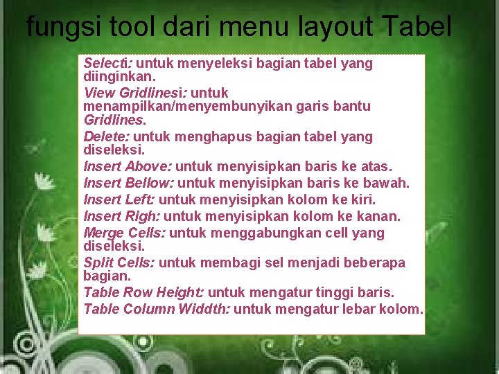 fungsi tool dari menu layout Tabel Selecti: untuk menyeleksi bagian tabel yang diinginkan. View