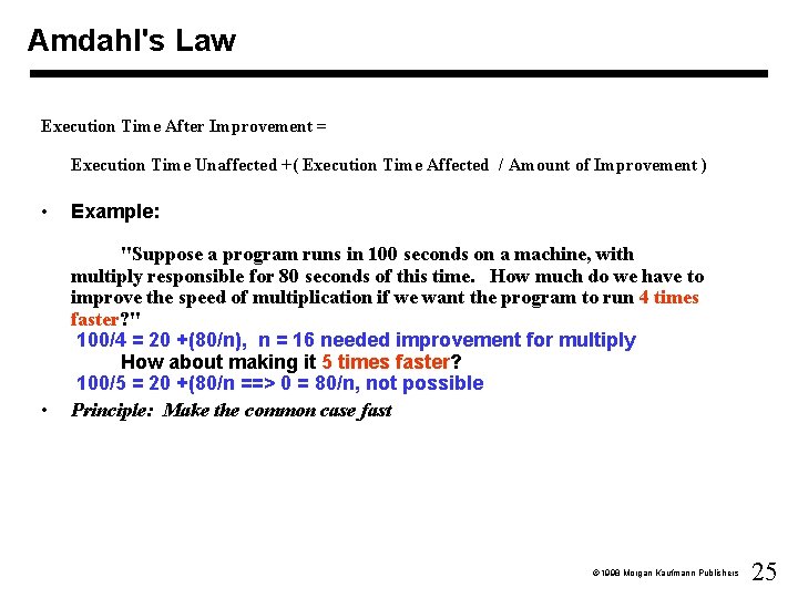 Amdahl's Law Execution Time After Improvement = Execution Time Unaffected +( Execution Time Affected Amdahl's Law Execution Time After Improvement = Execution Time Unaffected +( Execution Time Affected