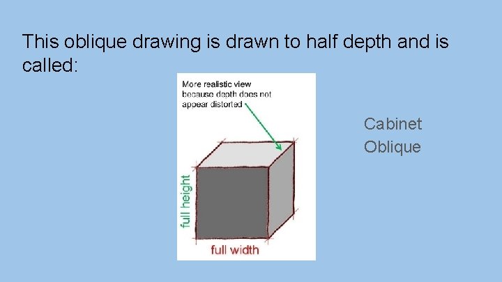 This oblique drawing is drawn to half depth and is called: Cabinet Oblique 