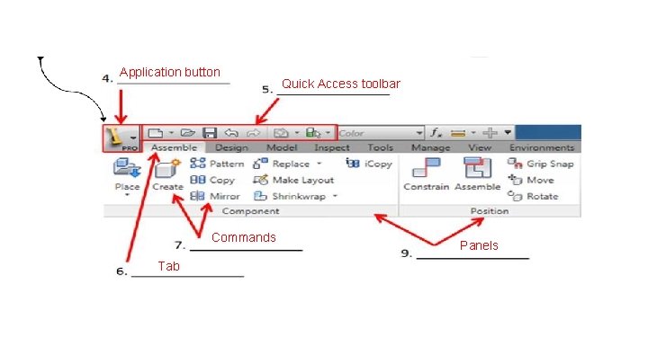 Application button Commands Tab Quick Access toolbar Panels 